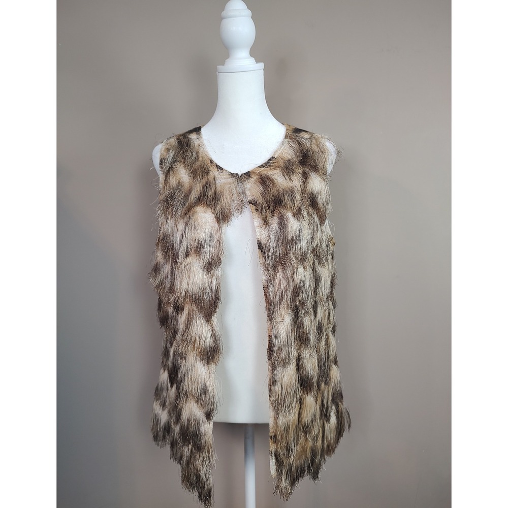 Chicos Travelers Collection Brown Tan Chevron Eyelash Fringe Open Front Vest 0 S